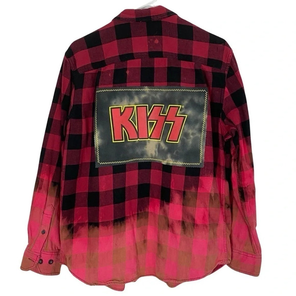 KISS Flannel Shirt Men Medium Large Unisex Buffalo Plaid Red Black Bland Flannel - Picture 1 of 13